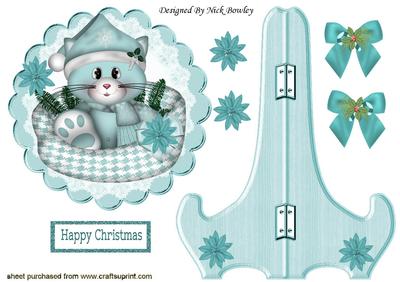 Little Kitty in Santa Hat in Her Basket , on a Plate & Stand