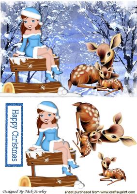 Girl Sitting on Fence with Little Deers in the Woodland