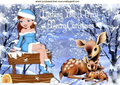 Girl Sitting on Fence with Little Deers in the Woodland A4