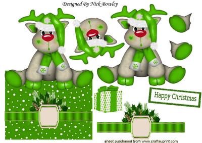 Little Reindeer in Green with Bow and Presents Over the Edge