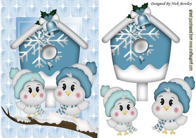 Sweet Little Birds in Winter Hats with Bird House