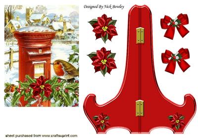 Vintage Snow Village with Poinsettias & Robins with Stand
