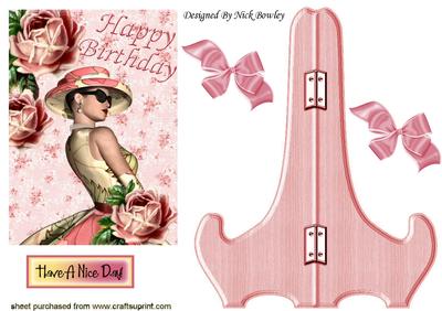 Pretty Lady in a Hat Wth Roses and Bows on a Stand