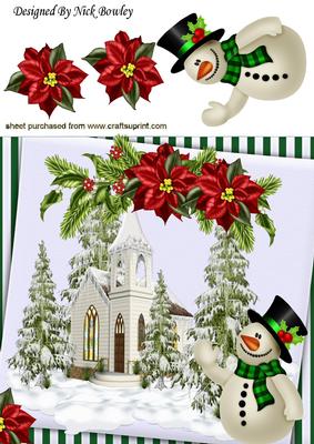 Pretty Church in the Snow with Trees and Snowman 8x8