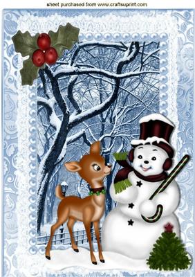 Snowman with Gorgeous Little Deer in the Snow A4