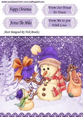 Friendly Snowman with Presents in Purple with Trees 8x8