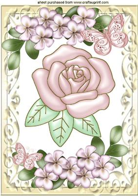 Pretty Pink Pearl Rose with Flowers & Butterflies A4