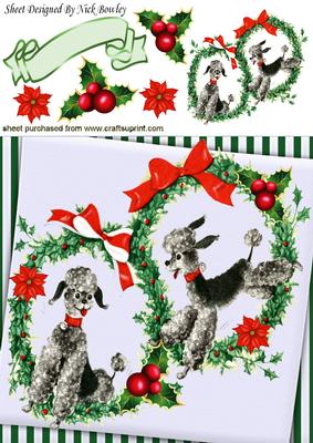 Cute Pair of Poodles in Holly and Poinsettia Frames 8x8