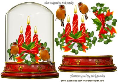 Candles with Robins in Snow Dome