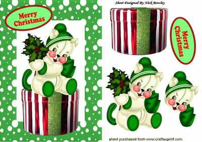 Christmas Kitty in Green with Holly in Snow Frame