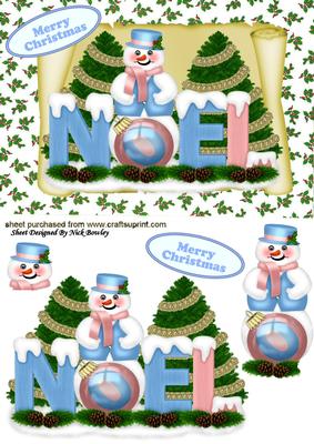 Lovely Noel Snowman in Blue, on a Scroll with Holly