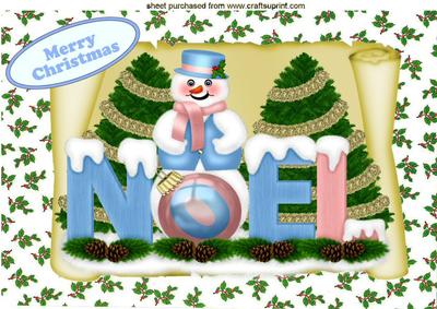 Lovely Noel Snowman in Blue, on a Scroll with Holly A4