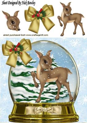 Cute Little Deer in Snowdome with Bow 8x8
