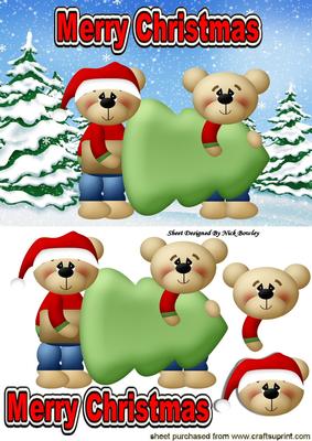 Teddy Bears Carrying a Christmas Tree in the Snow