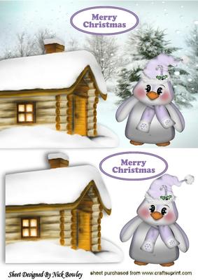 Cute Little Penguin in the Snow with Cottage