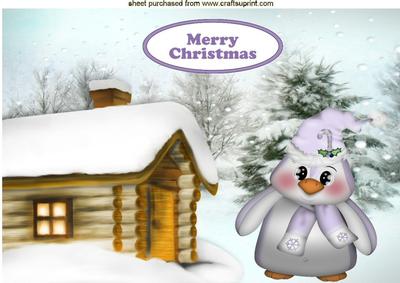 Cute Little Penguin in the Snow with Cottage A4