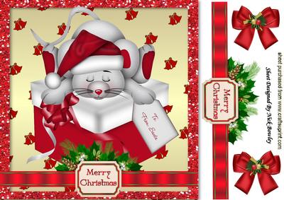 Sleepy Mouse in Santa Hat, on a Present with Bows 8x8