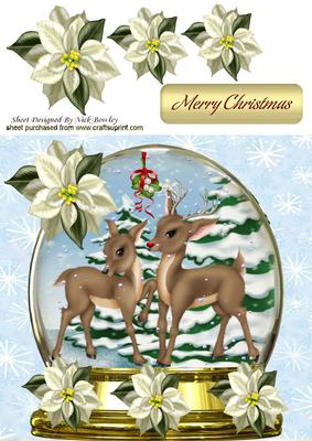 Gorgeous Little Deers in a Snow Globe with Poinsettias