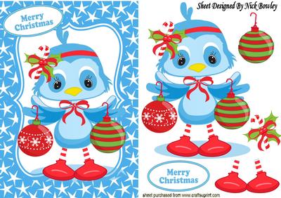 Little Blue Owl with Christmas Baubles in Star Frame