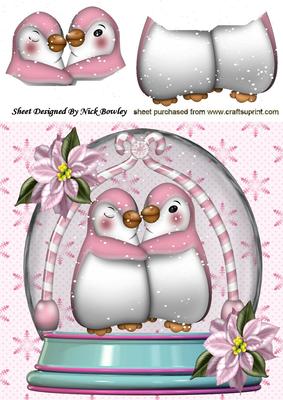 Cute Pink Penguins Cuddling in a Snow Dome with Poinsettias