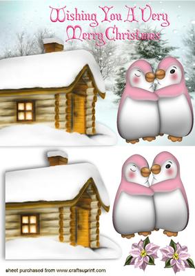 Cute Pink Penguins Cuddling with Poinsettias