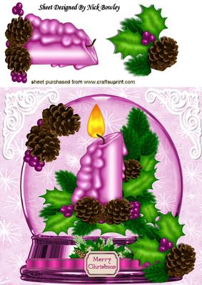 Pink Candle with Holly and Cones, in Glass Dome 8x8