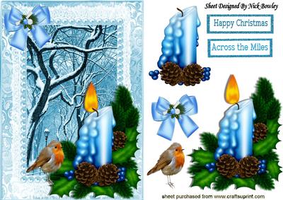 Pretty Snow Scene with Blue Candle and Robin