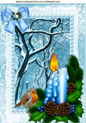 Pretty Snow Scene with Blue Candle and Robin A4
