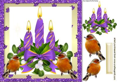 Purple Candles with Holly and Robins 8x8
