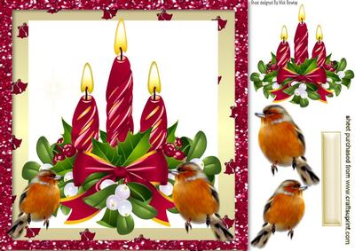 Dark Red Candles with Holly and Robins 8x8