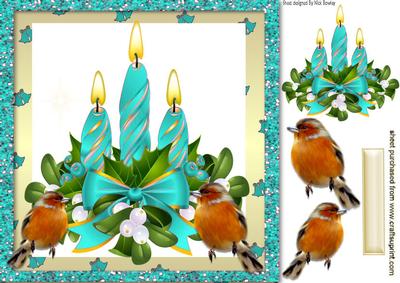 Turq Candles with Holly and Robins Snowdome 8x8