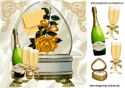 Gold Rose with Leter in Glass Dome with Champagne and Ring