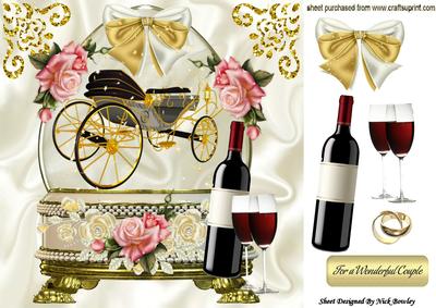 Gold Wedding Carriage, Pink/gold Roses in Glass Dome 8x8