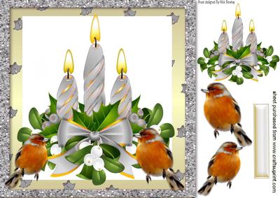 Silver Candles and Holly with Robins 8x8
