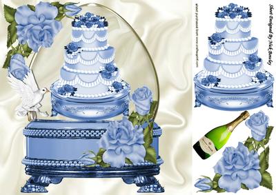Beautifu Blue Wedding Cake, Blue Roses, & Champers 8x8