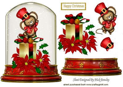 Little Mouse on a Present with Poinsettias in Glass Dome