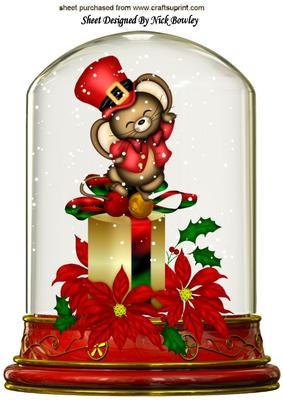 Little Mouse on a Present with Poinsettias in Glass Dome A4
