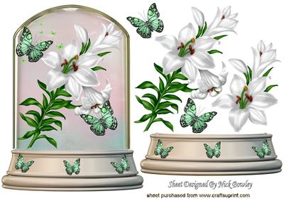 Beautiful White Lillies and Butterflies in Glass Dome