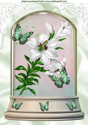 Beautiful White Lillies and Butterflies in Glass Dome A4