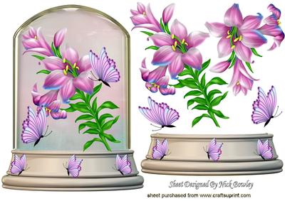 Pretty Pink Lillies in Glass Dome with Butterflies