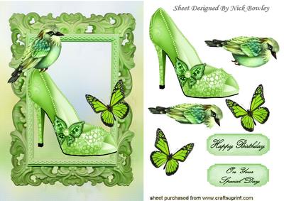 Pretty Green Sparkle Shoe with Bird and Butterflies