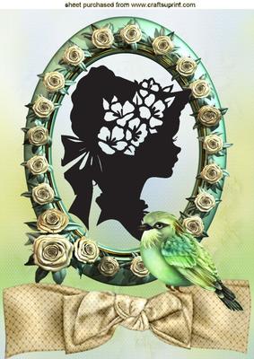 Pretty Silhouette Vintage Lady with Bird and Roses A4