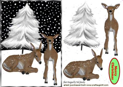 Lovely Deers in the Snow, with Snow Tree