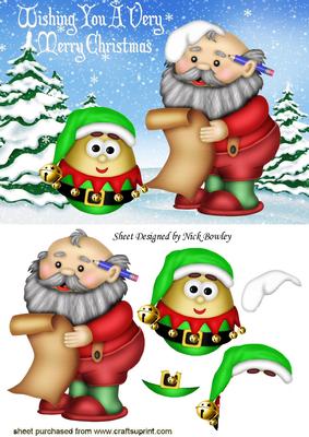 Santa with His List and Little Weeble Elf in the Snow