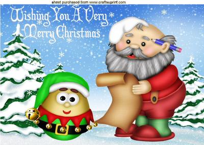 Santa with His List and Little Weeble Elf in the Snow A4