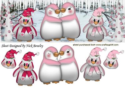 Family of Cute Penguins in Pink in the Snow Dl