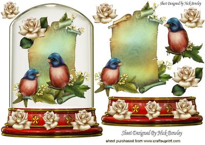 Pretty Birds on a Scroll in a Glass Dome with Flowers