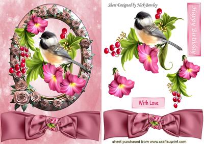 Pretty Bird in Rose Frame with Bow and Flowerss