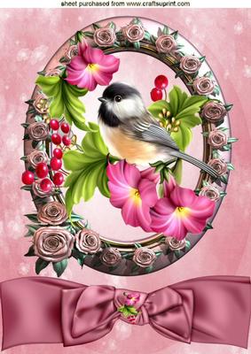 Pretty Bird in Rose Frame with Bow and Flowers A4