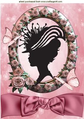 Pretty Silhouette Vintage Lady in Rose Frame with Bow A4